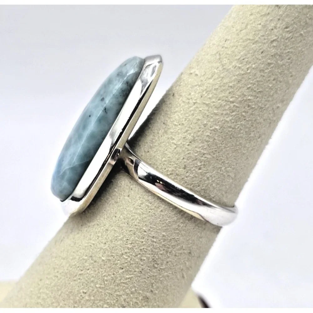 Blue Larimar Gemstone Ring Size 7 Sterling Silver‎ 925 Tide-Shaped Handmade NWOT